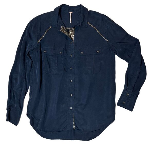 Free People Midnight Blue Button Front Blouse with Shimmer Trim Size XS - Picture 1 of 6